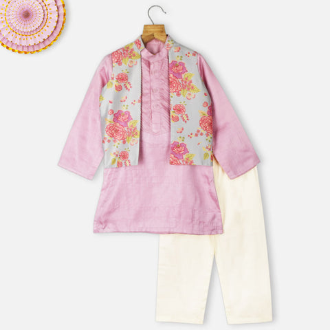 Tropical Printed Nehru Jacket With Purple Kurta & Pajama